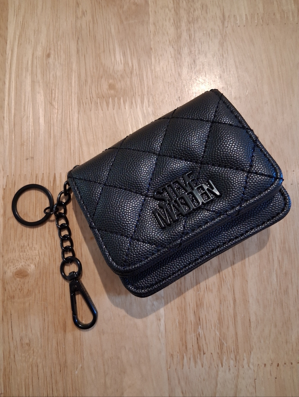 Steve Madden Black Quilted Card Holder Wallet Keychain | New